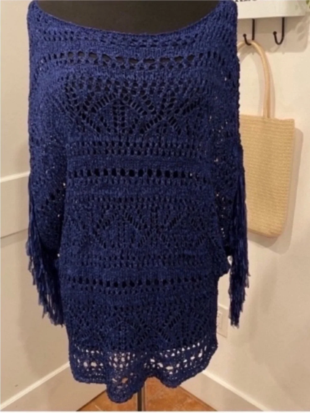 WHBM Fringed Open Weave Tunic in Navy Womens XS Wide Neckline Coastal Cowgirl